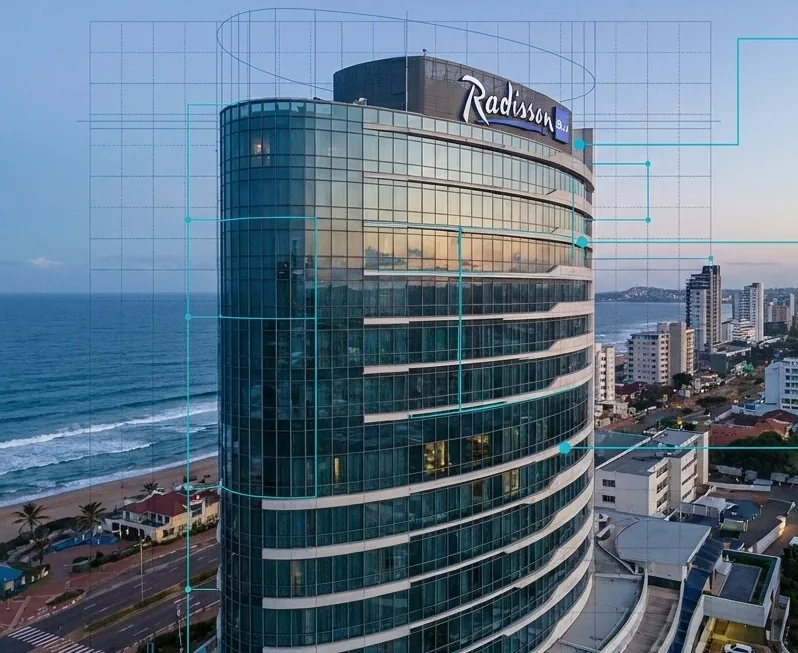 The Radisson Blu hotel tower beside the Indian Ocean at Umhlanga